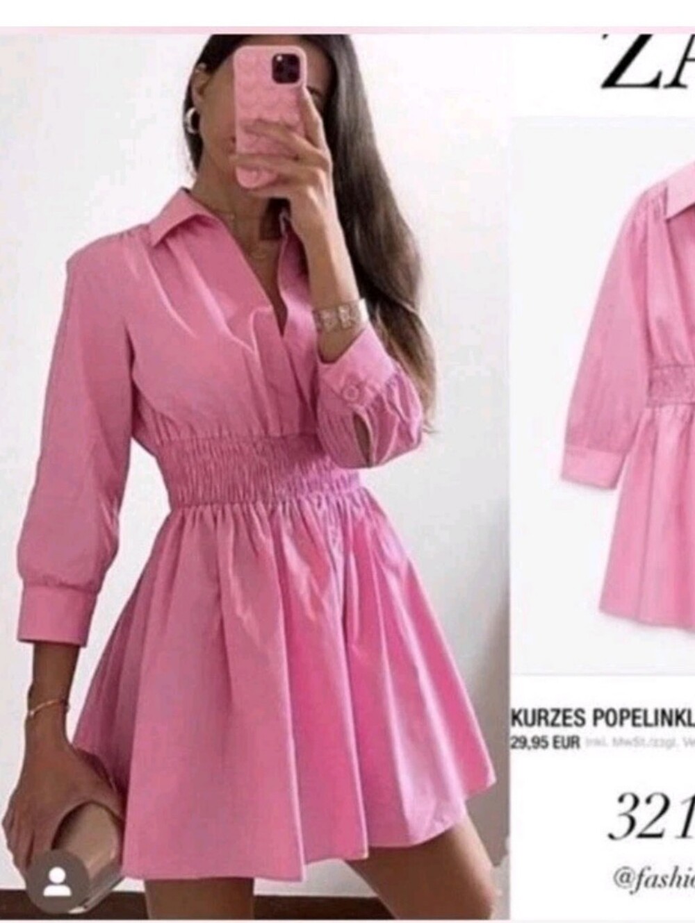 Zara  Smocked-Waist Poplin Mini Shirtdress Pink Size Small NWOT